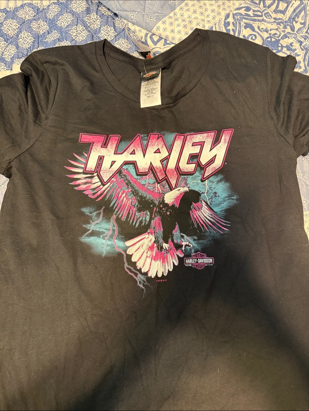 Harley-Davidson Black Tee with Pink & Teal Eagle Graphic